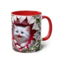 Cute 3D white cat ceramic coffee mug with red handle and interior for office and home use. - 301-400ml / Style 42