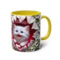 3D white kitten ceramic coffee mug featuring yellow handle and cute floral cracked shell design. - 301-400ml / Style 43