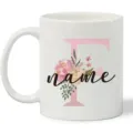 Customizable white ceramic coffee mug featuring beautiful floral letter detail design. - Watercolor Floral Style