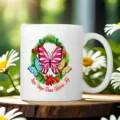 White ceramic coffee mug featuring colorful butterflies and elegant floral wreath design. - Butterfly Wreath Style