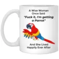 Close-up detail shot of the ceramic coffee mug showcasing funny parrot graphic and text print. - Style 7