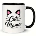 Detalle taza cerámica con asa negra, borde interior y orejas gato texto Cat Mama impreso. - Estilo 7
