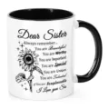Black and white ceramic coffee mug with sister quote print, perfect gift for office and home. - Style 2