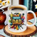 Gros plan d'une tasse à café en céramique avec motif papa, posée sur un dessous de verre en bois. - Style 8