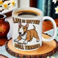 Primer plano de taza de café de cerámica blanca con lindo estampado de bull terrier y texto. - 301-400ml / Letra A