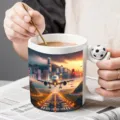Gros plan d'une tasse en céramique créative avec poignée ballon de foot 3D et imprimé. - 11OZ / Style Vue Nocturne Atterrissage Avion