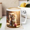 Tasse à café en céramique créative avec impression de chaton et poignée ballon de foot. - 11OZ / Style Chat Roux