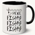 Ceramic coffee mug with fishing theme text print, black handle and inner, daily drinkware. - 11OZ / Fishing Hook Pattern