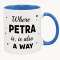 Ceramic coffee mug with blue handle and interior, custom German quote text print, 11oz cup - 11OZ / Blue and White