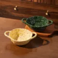 Bol en céramique de 6 pouces à double oreille, bol à soupe émaillé moucheté vaisselle. - Bol à Soupe Irrégulier à Double Oreille - Jaune et Vert