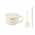 Bol à nouilles en céramique avec couvercle poignée cuillère et baguettes, rayures jaunes. - Set de Bol à Poignée de 5.25 Pouces avec Baguettes et Cuillère / Jaune lait