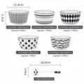 Ensemble de bols en céramique noir et blanc minimaliste avec motifs géométriques et cuillère. - Style Géométrique avec Cuillère / 5 Pièces Mixtes / Géométrique Mixte