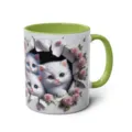 Cute 3D white kittens ceramic coffee mug with green handle for office and home use daily. - 301-400ml / Style 51