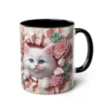 3D white kitten ceramic coffee mug, cute succulent printed tea cup with black handle - 301-400ml / Style 56