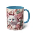 Cute 3D white cat ceramic coffee mug with succulent plant print, blue handle and inner wall. - 301-400ml / Style 60