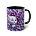 Ceramic coffee mug with cute white cat and purple flower print, black handle and rim. - 301-400ml / Style 62