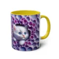 Cute 3D white cat ceramic mug with yellow handle and vibrant purple flower print design. - 301-400ml / Style 64