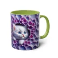 Cute white kitten printed ceramic coffee mug with green handle and inner wall variant. - 301-400ml / Style 65