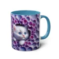 Ceramic coffee mug featuring a cute 3D white kitten and purple flower print design. - 301-400ml / Style 67