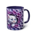 3D white kitten ceramic coffee mug with purple floral print and comfortable handle office cup. - 301-400ml / Style 68