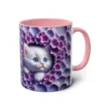 Cute white kitten ceramic coffee mug with pink handle and unique 3D floral design - 301-400ml / Style 69