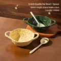 Set ciotola con due manici e cucchiaio in ceramica da 6 pollici, maculato, giallo e verde - Ciotola per Zuppa con Cucchiaio - Giallo e Verde - 1 Pezzo