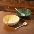 Bol à salade en céramique émaillée de 8 pouces et cuillère, vaisselle verte et jaune. - Lot de Bols Déconstruits 8.25 Pouces avec Cuillères / Jaune + Vert
