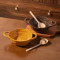 Set ciotola e cucchiaio in ceramica maculata a doppio orecchio, stoviglie creative. - Ciotola per Zuppa con Cucchiaio - Arancione e Marrone Miele - 1 Pezzo
