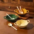 Ciotola in ceramica maculata con due orecchie e cucchiaio, set da tavola da 6 pollici. - Ciotola per Zuppa con Cucchiaio - Mix di 4