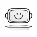 Keramische rechthoekige visplaat met schattig smiley-gezichtspatroon, zwarte rand, 13 inch - 13-Inch Xinpei visbord met twee handvatten