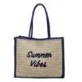 Sac à main tissé en paille pour femme, cabas de plage décontracté avec bordure bleue. - Bleu