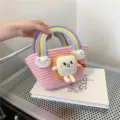 Joli sac seau tressé poignée arc-en-ciel peluche pain et pompon pour femme mode quotidienne. - Rose