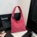 Trendy punk style rose red shoulder bag with silver dome studs, chic casual hobo handbag. - Red