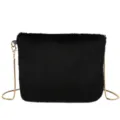 Sac bandoulière noir en peluche duveteuse avec chaîne dorée, élégant sac à main moelleux hiver. - Noir