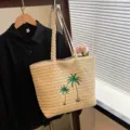 Sac cabas en paille tissée à la main avec broderie de palmier, sac d'épaule décontracté pour vacances. - Sac Seul / Blanc Cassé