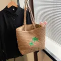 Sac de plage en paille fait main japonais avec broderie de palmiers, grand cabas d'été. - Sac Seul / Kaki