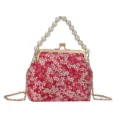 Sac à main rouge imprimé floral perle poignée baiser, vintage soirée sac bandoulière - Rouge