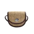 Élégant sac bandoulière mini en paille tissée avec bordure en similicuir contrastée chic. - Demi-cercle Kaki