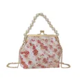 Élégant sac à main floral en perles avec bandoulière chaîne, style vintage doux pour soirée. - Blanc
