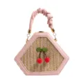 Cute pink woven straw handbag with cherry decor, stylish hexagonal design for women. - Pink