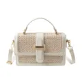 Sac bandoulière en paille tressée blanche avec poignée et bordure en cuir PU pour vacances. - Blanc Cassé
