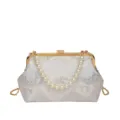 Élégante pochette en brocart style chinois avec poignée en perles et chaîne dorée pour femme. - Blanc