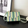 Sac bandoulière en paille rayé vert bleu, sac à épaule de plage décontracté pour femmes. - Vert