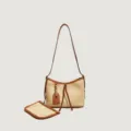 Sac bandoulière en paille tissée avec bordure en cuir marron, sac seau style d'été. - Marron Paille
