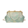 Élégante pochette à jacquard floral vert menthe avec poignée en perles et chaîne dorée pour femmes. - Vert