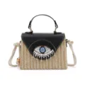 Sac à main d'été en paille tressée avec grand œil perlé, rabat en cuir PU et bandoulière élégante. - Noir