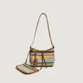 Stylish striped woven straw shoulder bag with brown leather strap, perfect for summer fashion. - Brown Rainbow