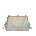 Vintage Floral Jacquard Evening Bag with Pearl Handle and Gold Chain Shoulder Strap - Blue