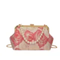 Chinese style jacquard pearl chain handbag, elegant floral embroidered crossbody shoulder bag. - Red