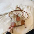 Straw woven bucket bag for women summer casual PU leather chic shoulder crossbody fashion bag - Small Brown